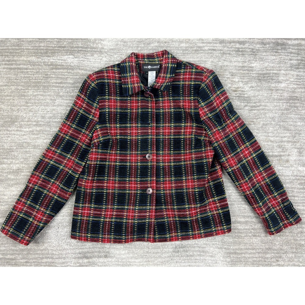 Vintage Sag Harbor Blazer Women 10 Multicolor Longsleeve Plaid Classic Acrylic
